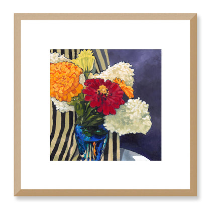 Framed Fine Art Print, White Mat - 12x12 16x16 20x20 24x24 28x28 32x32 36x36 40x40 inches | Hydrangeas & Zinnias in Acrylic, FPS-1030, Prints, Fine art, Natural Frame, 30 x 30 cm ,12 x 12 inches