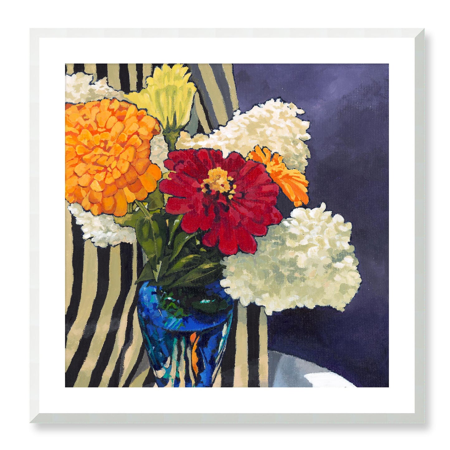 Framed Fine Art Print, White Mat - 12x12 16x16 20x20 24x24 28x28 32x32 36x36 40x40 inches | Hydrangeas & Zinnias in Acrylic, FPS-1030, Prints, Fine art, White Frame, 71 x 71 cm ,28 x 28 inches