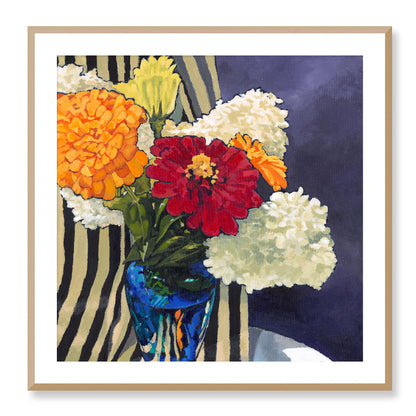 Framed Fine Art Print, White Mat - 12x12 16x16 20x20 24x24 28x28 32x32 36x36 40x40 inches | Hydrangeas & Zinnias in Acrylic, FPS-1030, Prints, Fine art, Natural Frame, 81 x 81 cm ,32 x 32 inches