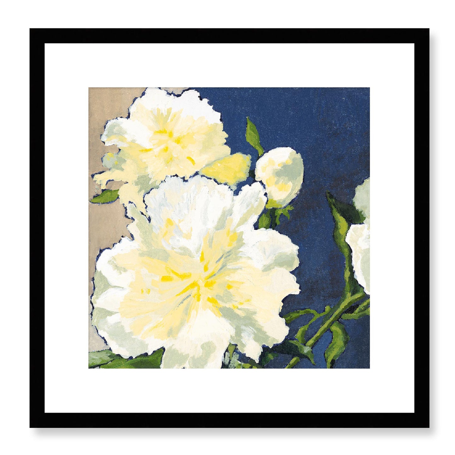 Framed Fine Art Print, White Mat - 12x12 16x16 20x20 24x24 28x28 32x32 36x36 40x40 inches | White Peonies in Acrylic, FPS-1050, Prints, Fine art, Black Frame, 41 x 41 cm ,16 x 16 inches