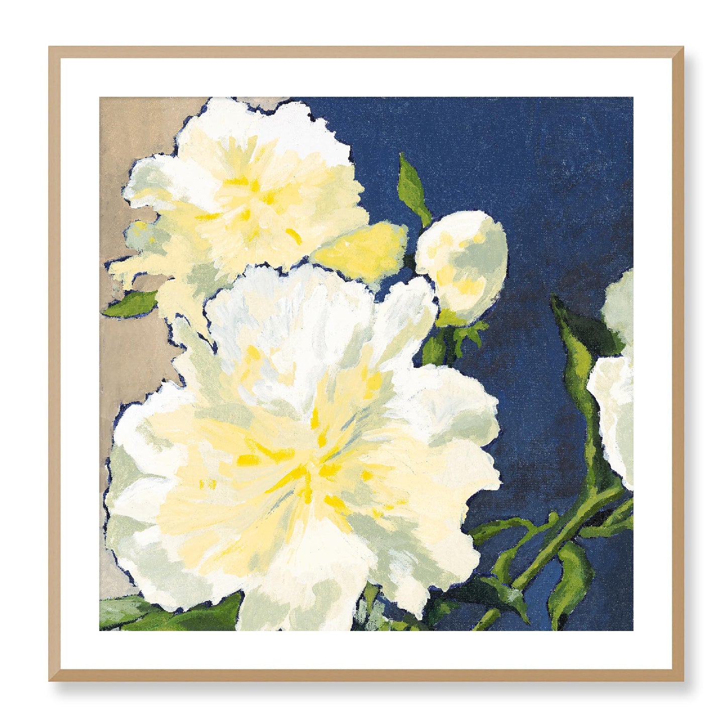 Framed Fine Art Print, White Mat - 12x12 16x16 20x20 24x24 28x28 32x32 36x36 40x40 inches | White Peonies in Acrylic, FPS-1050, Prints, Fine art, Natural Frame, 81 x 81 cm ,32 x 32 inches