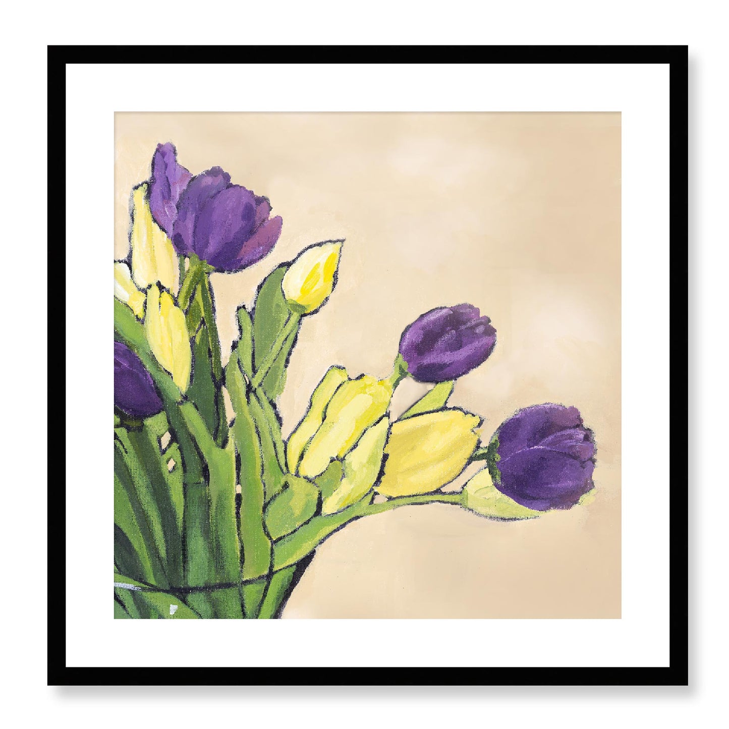 Framed Fine Art Print, White Mat - 12x12 16x16 20x20 24x24 28x28 32x32 36x36 40x40 inches | Purple & Yellow Tulips in Acrylic, FPS-1060-001, Prints, Fine art, Black Frame, 61 x 61 cm ,24 x 24 inches