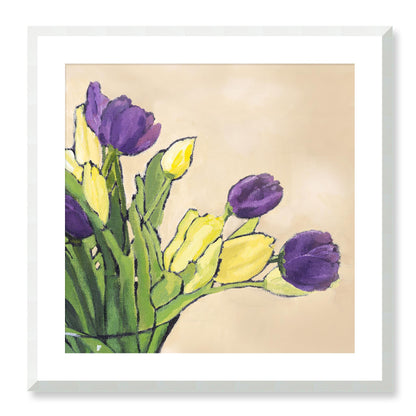 Framed Fine Art Print, White Mat - 12x12 16x16 20x20 24x24 28x28 32x32 36x36 40x40 inches | Purple & Yellow Tulips in Acrylic, FPS-1060-001, Prints, Fine art, White Frame, 61 x 61 cm ,24 x 24 inches