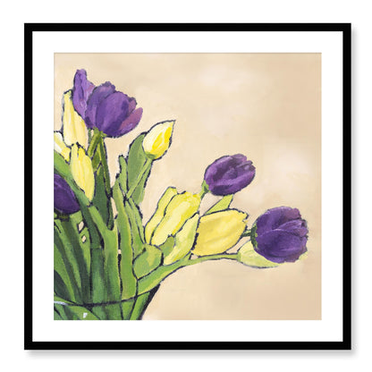 Framed Fine Art Print, White Mat - 12x12 16x16 20x20 24x24 28x28 32x32 36x36 40x40 inches | Purple & Yellow Tulips in Acrylic, FPS-1060-001, Prints, Fine art, Black Frame, 71 x 71 cm ,28 x 28 inches