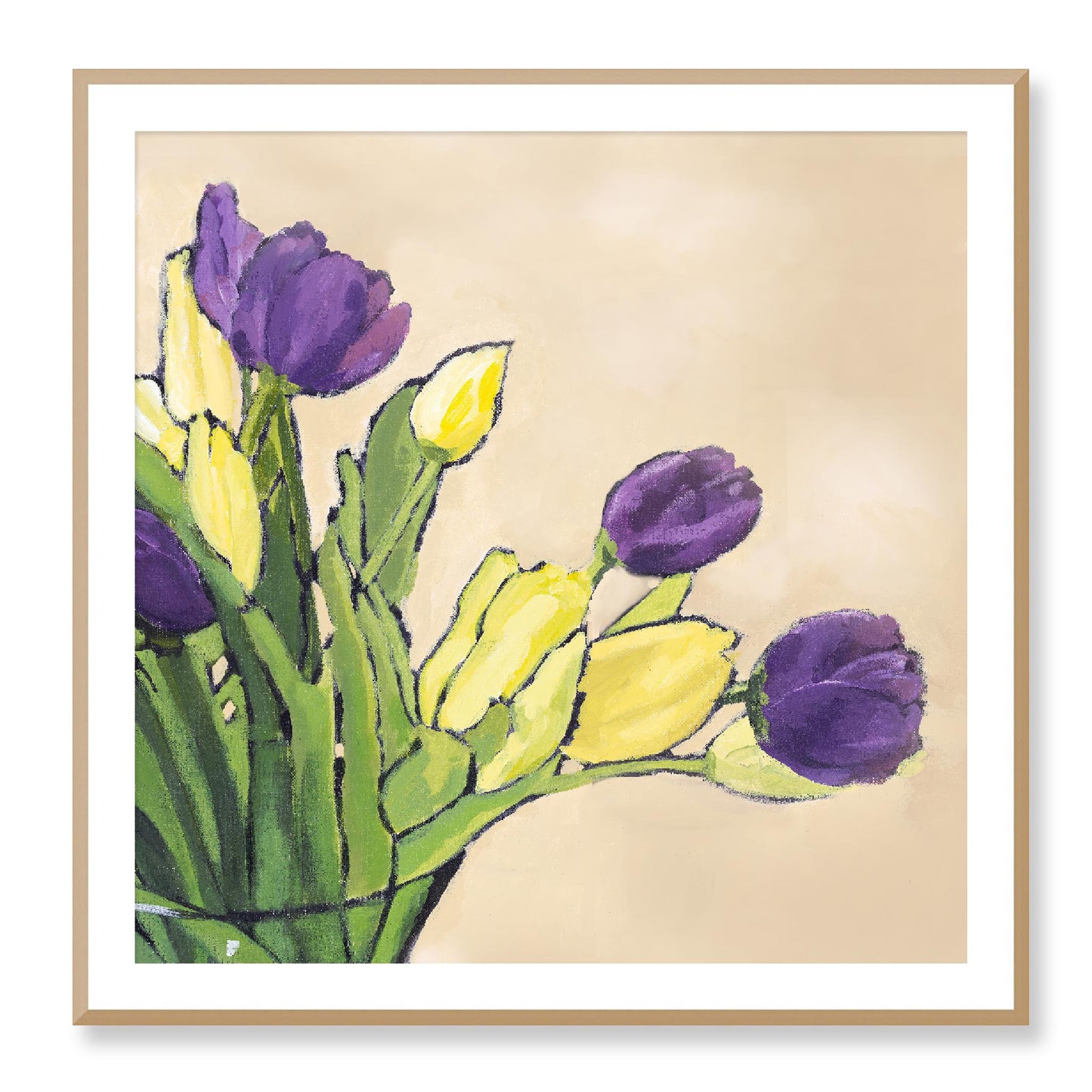Framed Fine Art Print, White Mat - 12x12 16x16 20x20 24x24 28x28 32x32 36x36 40x40 inches | Purple & Yellow Tulips in Acrylic, FPS-1060-001, Prints, Fine art, White Frame, 102 x 102 cm ,40 x 40 inches