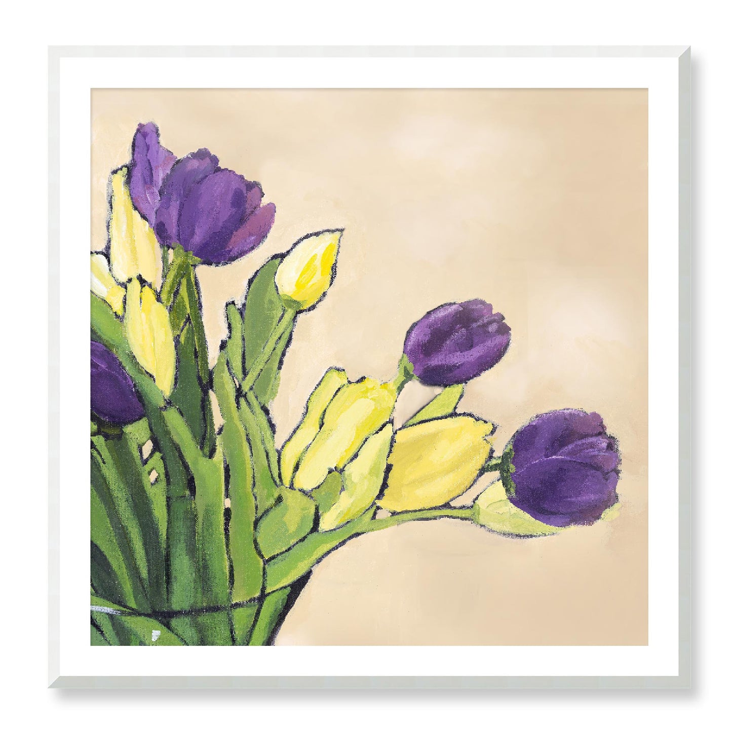 Framed Fine Art Print, White Mat - 12x12 16x16 20x20 24x24 28x28 32x32 36x36 40x40 inches | Purple & Yellow Tulips in Acrylic, FPS-1060-001, Prints, Fine art, Natural Frame, 102 x 102 cm ,40 x 40 inches