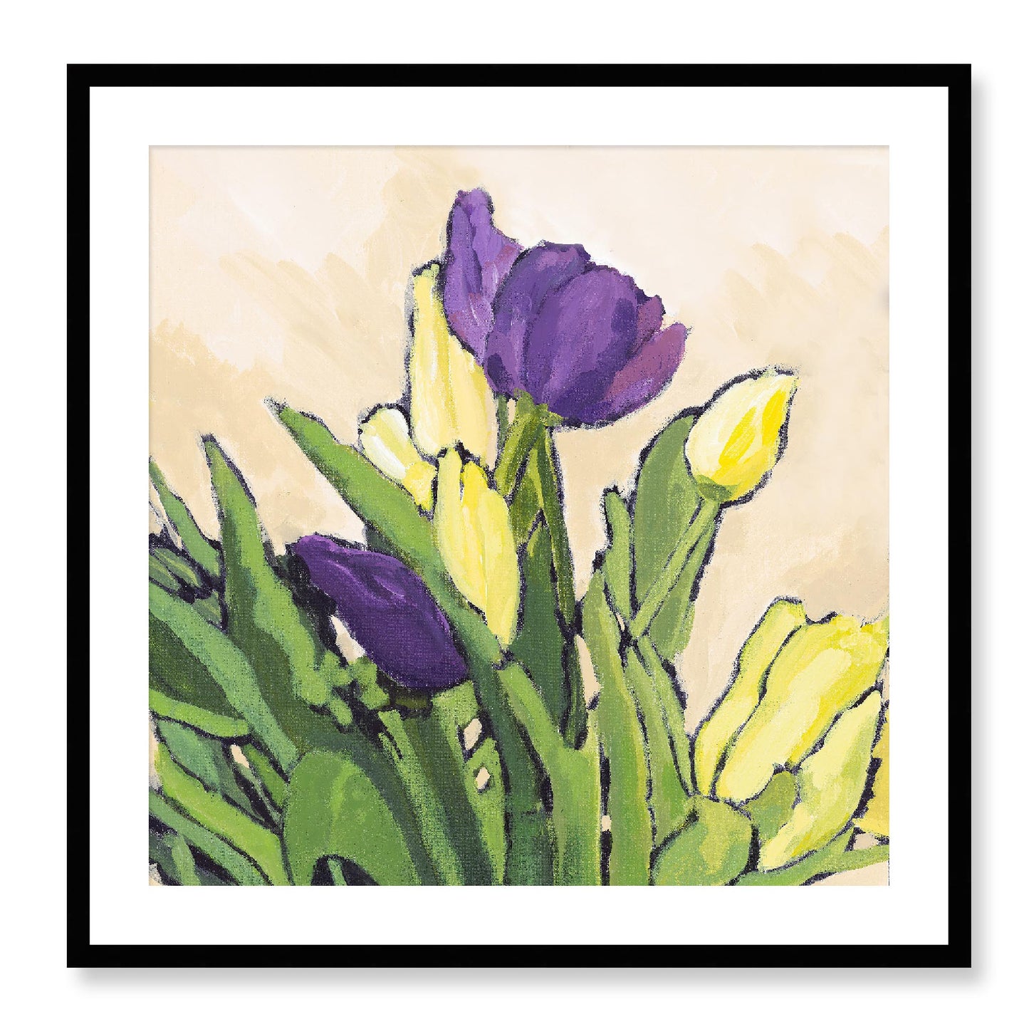 Framed Fine Art Print, White Mat - 12x12 16x16 20x20 24x24 28x28 32x32 36x36 40x40 inches | Purple & Yellow Tulips in Acrylic, FPS-1060-002, Prints, Fine art, Black Frame, 71 x 71 cm ,28 x 28 inches