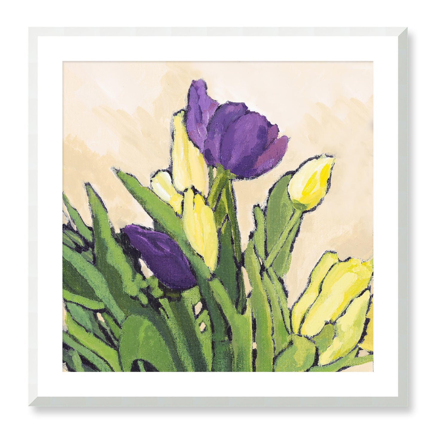 Framed Fine Art Print, White Mat - 12x12 16x16 20x20 24x24 28x28 32x32 36x36 40x40 inches | Purple & Yellow Tulips in Acrylic, FPS-1060-002, Prints, Fine art, White Frame, 71 x 71 cm ,28 x 28 inches
