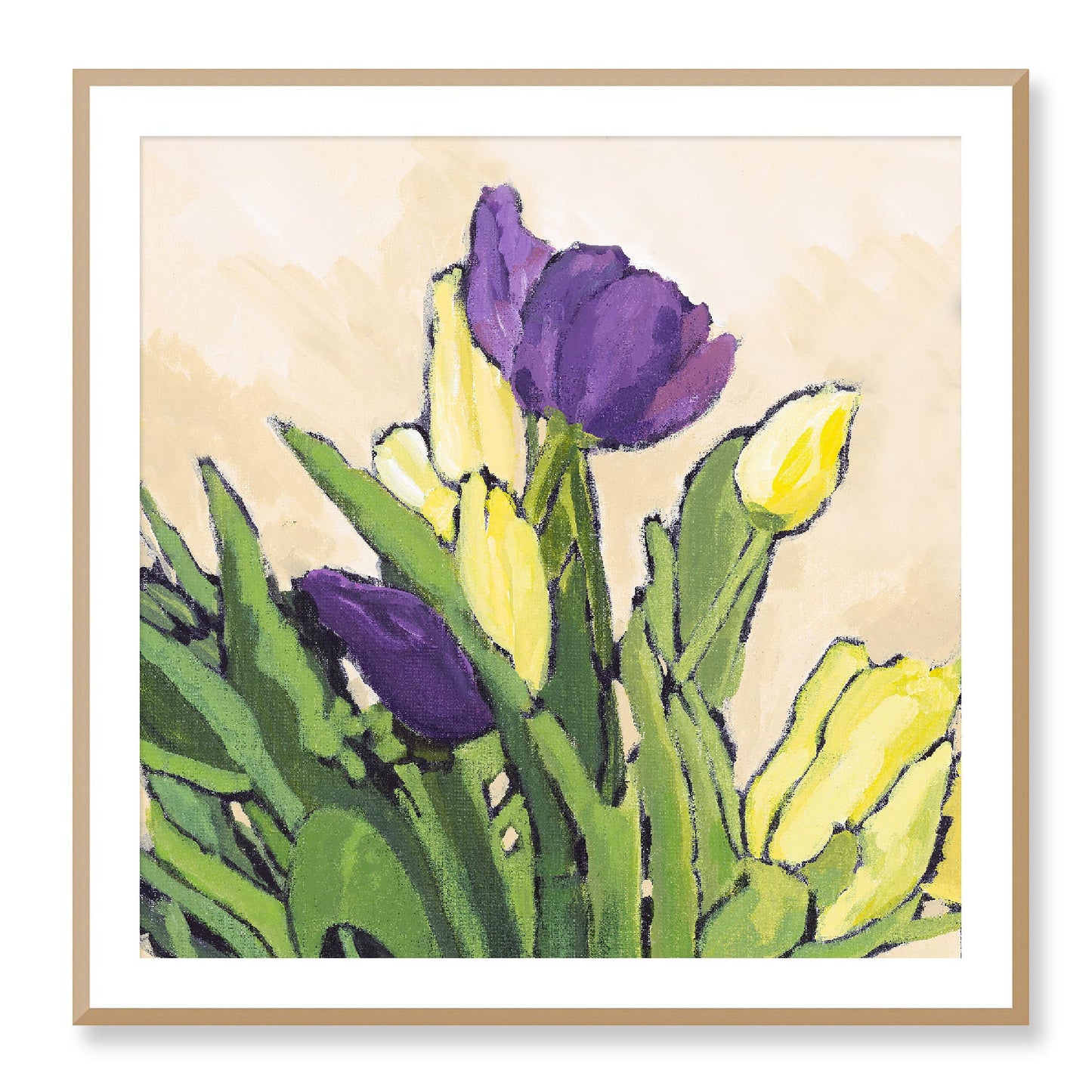 Framed Fine Art Print, White Mat - 12x12 16x16 20x20 24x24 28x28 32x32 36x36 40x40 inches | Purple & Yellow Tulips in Acrylic, FPS-1060-002, Prints, Fine art, White Frame, 91 x 91 cm ,36 x 36 inches