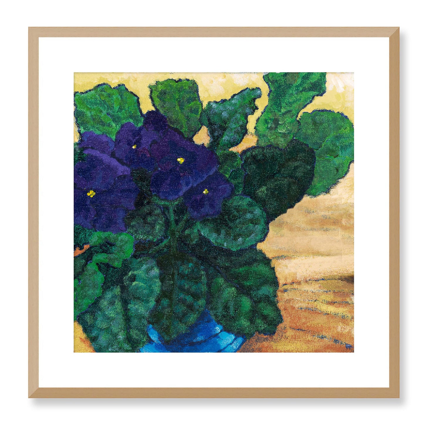 Framed Fine Art Print, White Mat - 12x12 16x16 20x20 24x24 28x28 32x32 36x36 40x40 inches | African Violets in Acrylic, FPS-1090, Prints, Fine art, Natural Frame, 51 x 51 cm ,20 x 20 inches