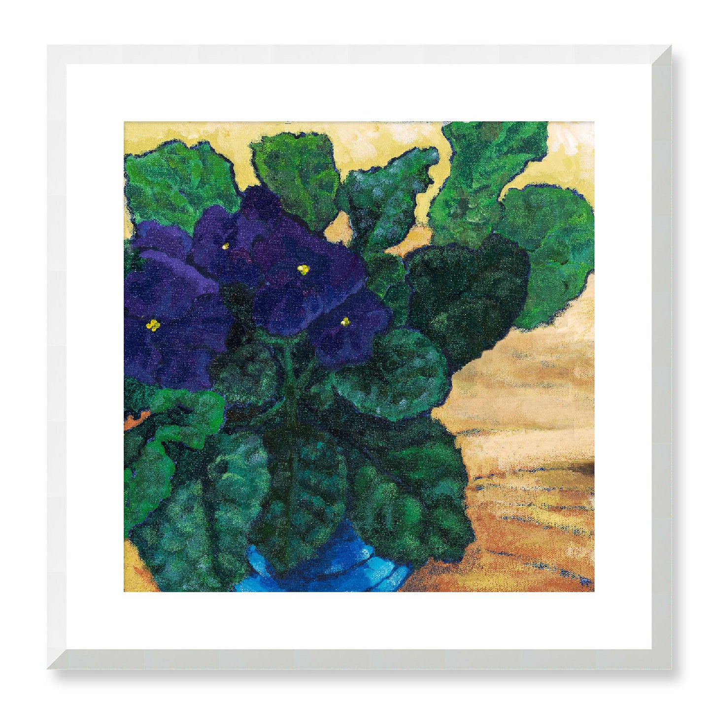Framed Fine Art Print, White Mat - 12x12 16x16 20x20 24x24 28x28 32x32 36x36 40x40 inches | African Violets in Acrylic, FPS-1090, Prints, Fine art, White Frame, 51 x 51 cm ,20 x 20 inches