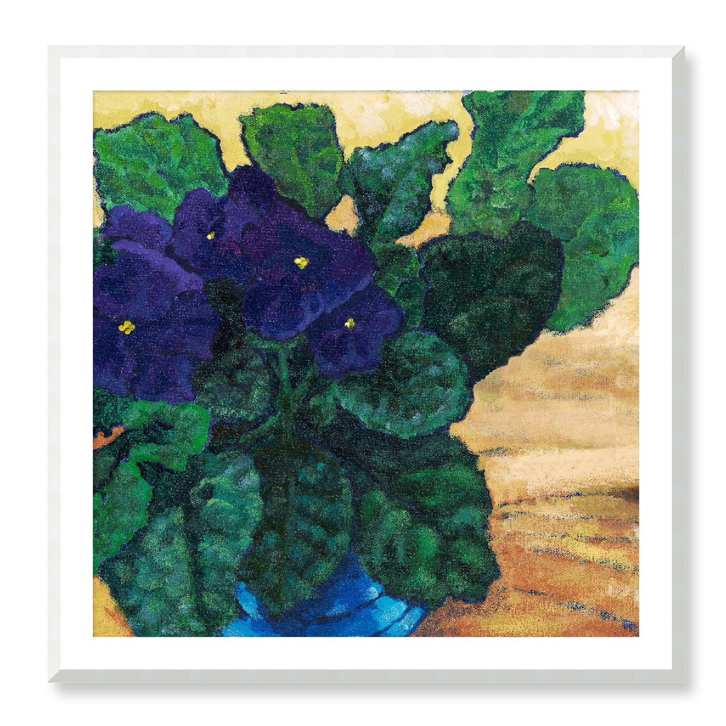 Framed Fine Art Print, White Mat - 12x12 16x16 20x20 24x24 28x28 32x32 36x36 40x40 inches | African Violets in Acrylic, FPS-1090, Prints, Fine art, Natural Frame, 91 x 91 cm ,36 x 36 inches