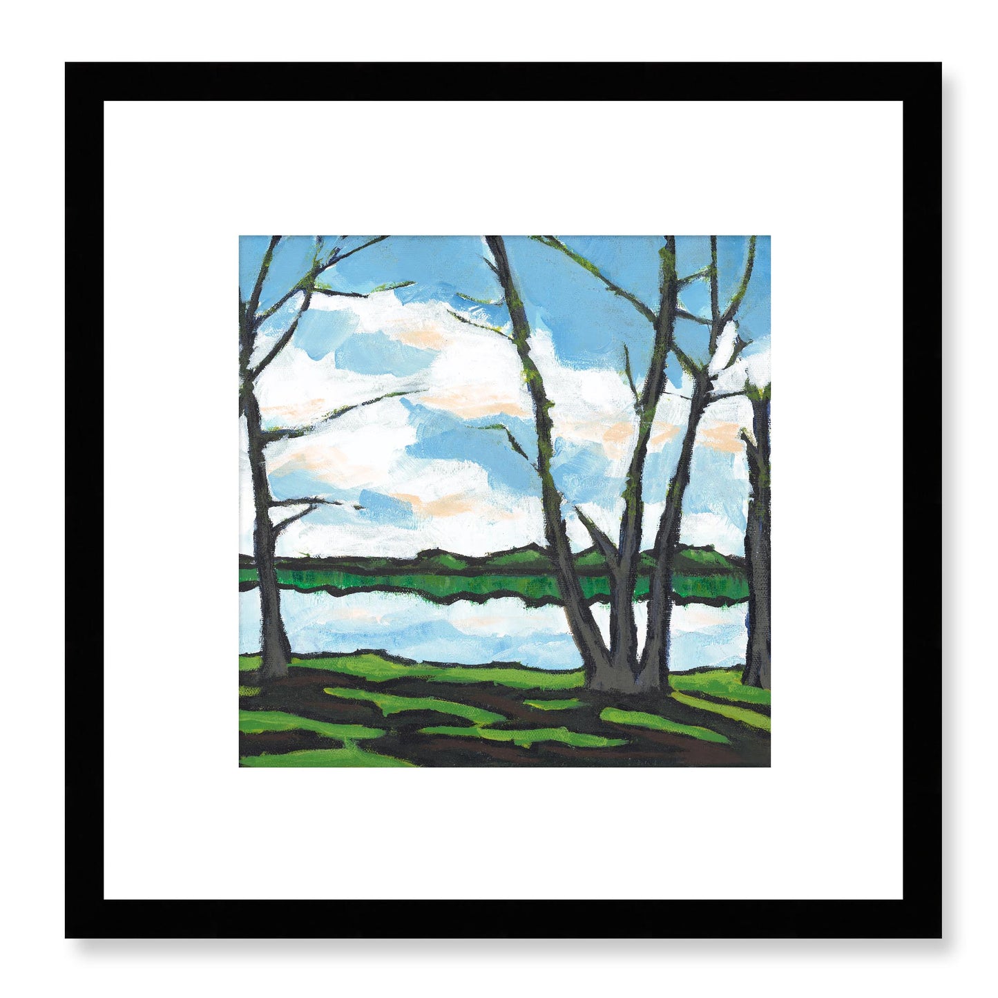 Framed Fine Art Print, White Mat - 12x12 16x16 20x20 24x24 28x28 32x32 36x36 40x40 inches | Lakeshore in Acrylic, FPS-1101, Prints, Fine art, Black Frame, 30 x 30 cm ,12 x 12 inches