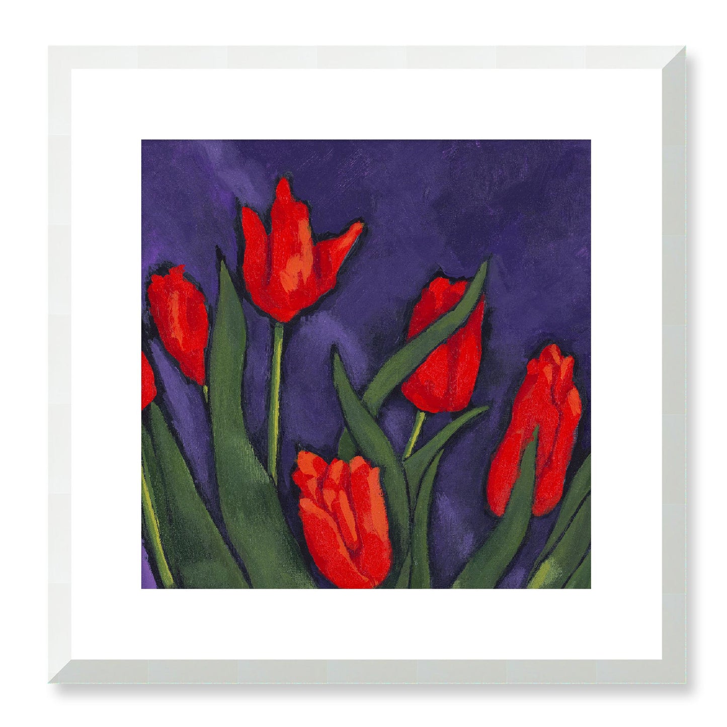 Framed Fine Art Print, White Mat - 12x12 16x16 20x20 24x24 28x28 32x32 36x36 40x40 inches | Red Tulips in Acrylic, FPS-1111, Prints, Fine art, White Frame, 41 x 41 cm ,16 x 16 inches