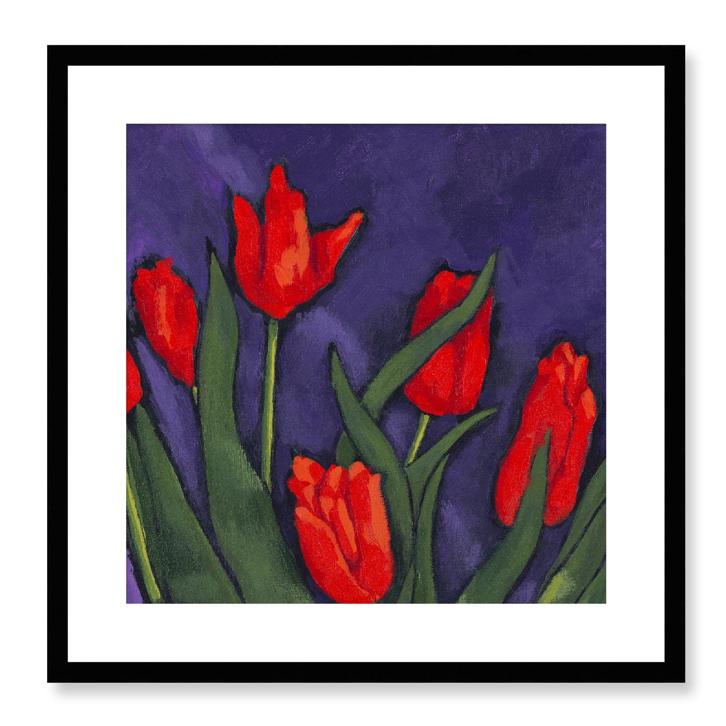 Framed Fine Art Print, White Mat - 12x12 16x16 20x20 24x24 28x28 32x32 36x36 40x40 inches | Red Tulips in Acrylic, FPS-1111, Prints, Fine art, Black Frame, 51 x 51 cm ,20 x 20 inches