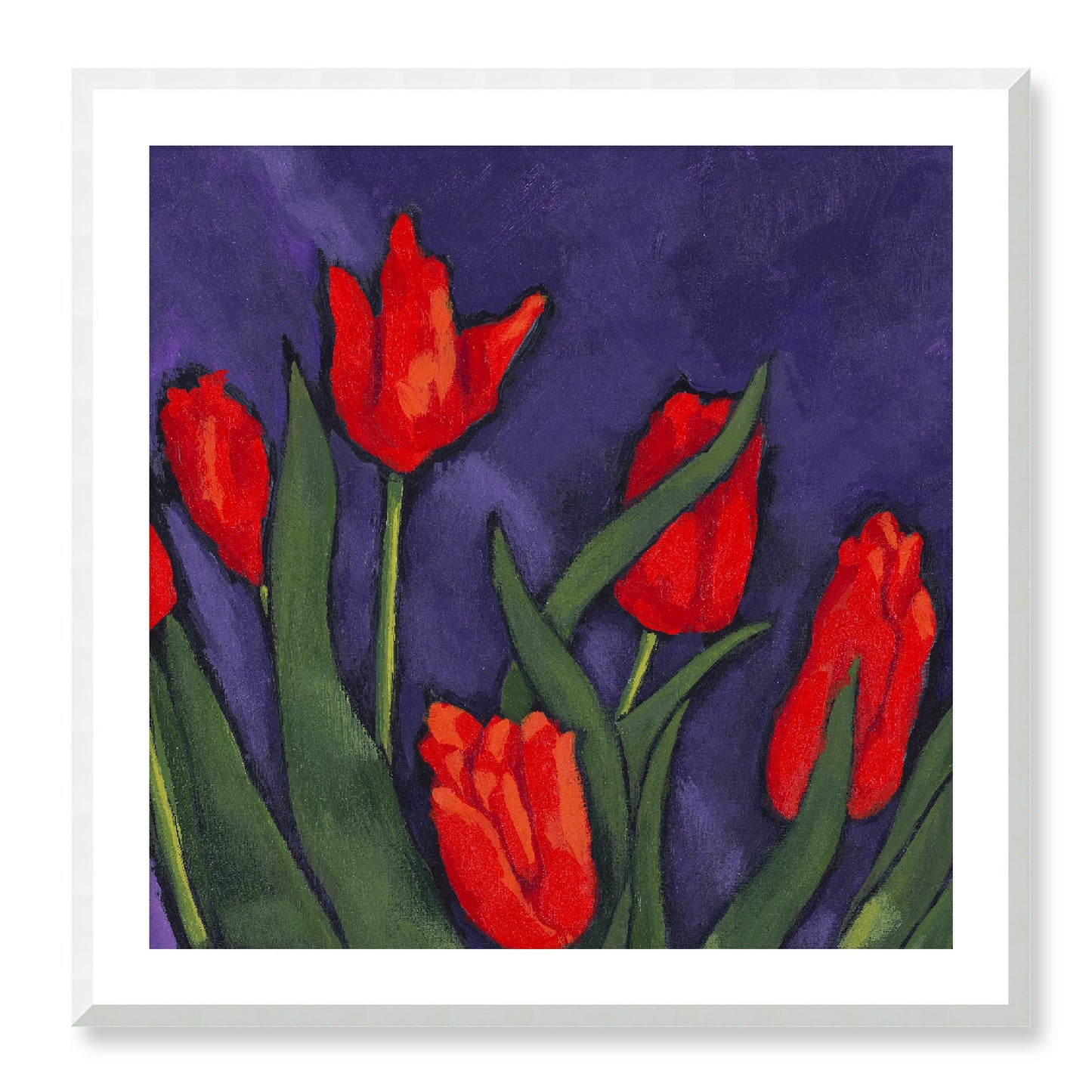 Framed Fine Art Print, White Mat - 12x12 16x16 20x20 24x24 28x28 32x32 36x36 40x40 inches | Red Tulips in Acrylic, FPS-1111, Prints, Fine art, White Frame, 81 x 81 cm ,32 x 32 inches