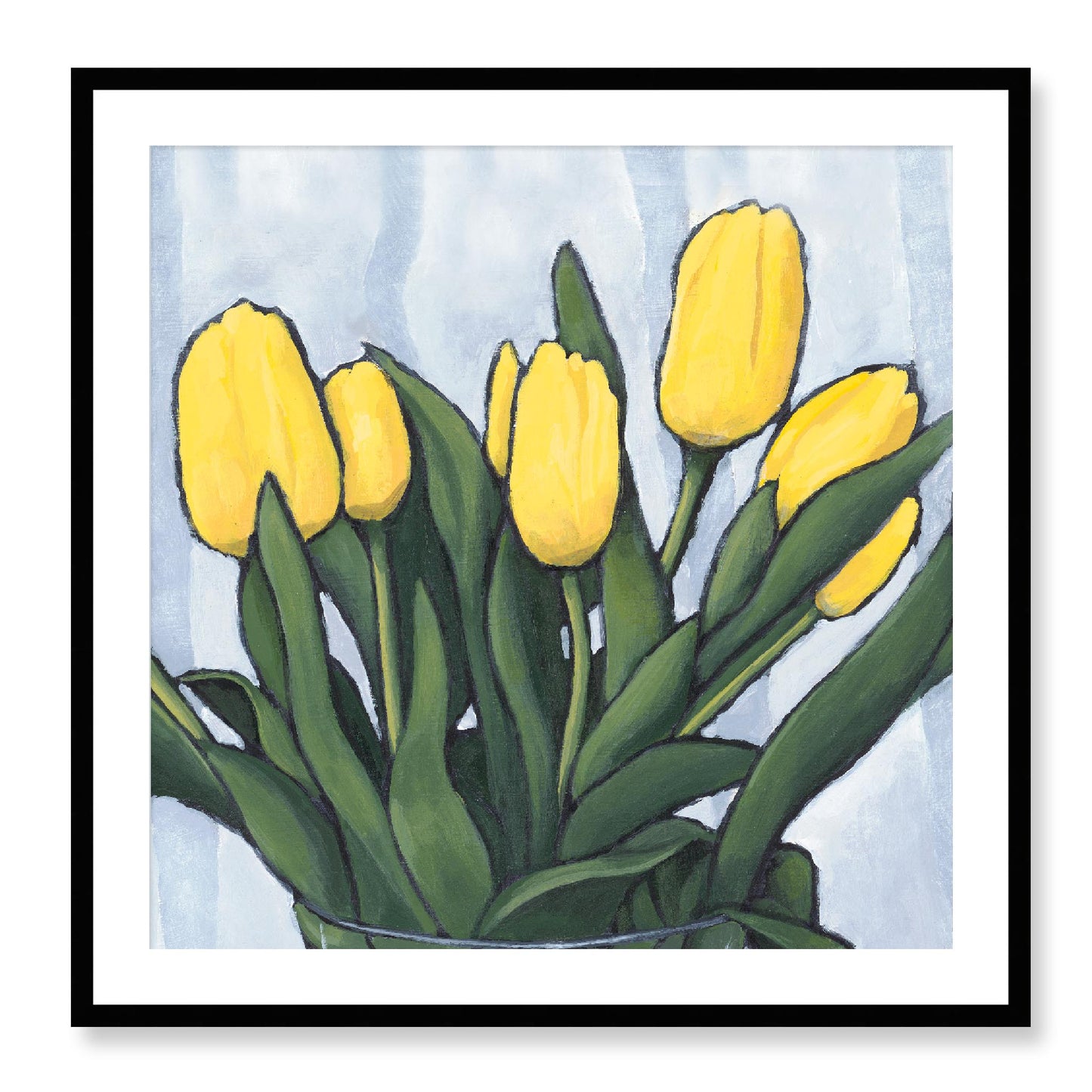 Framed Fine Art Print, White Mat - 12x12 16x16 20x20 24x24 28x28 32x32 inches | Yellow Tulips in Acrylic, FPS-1120, Prints, Fine art, Black Frame, 81 x 81 cm ,32 x 32 inches