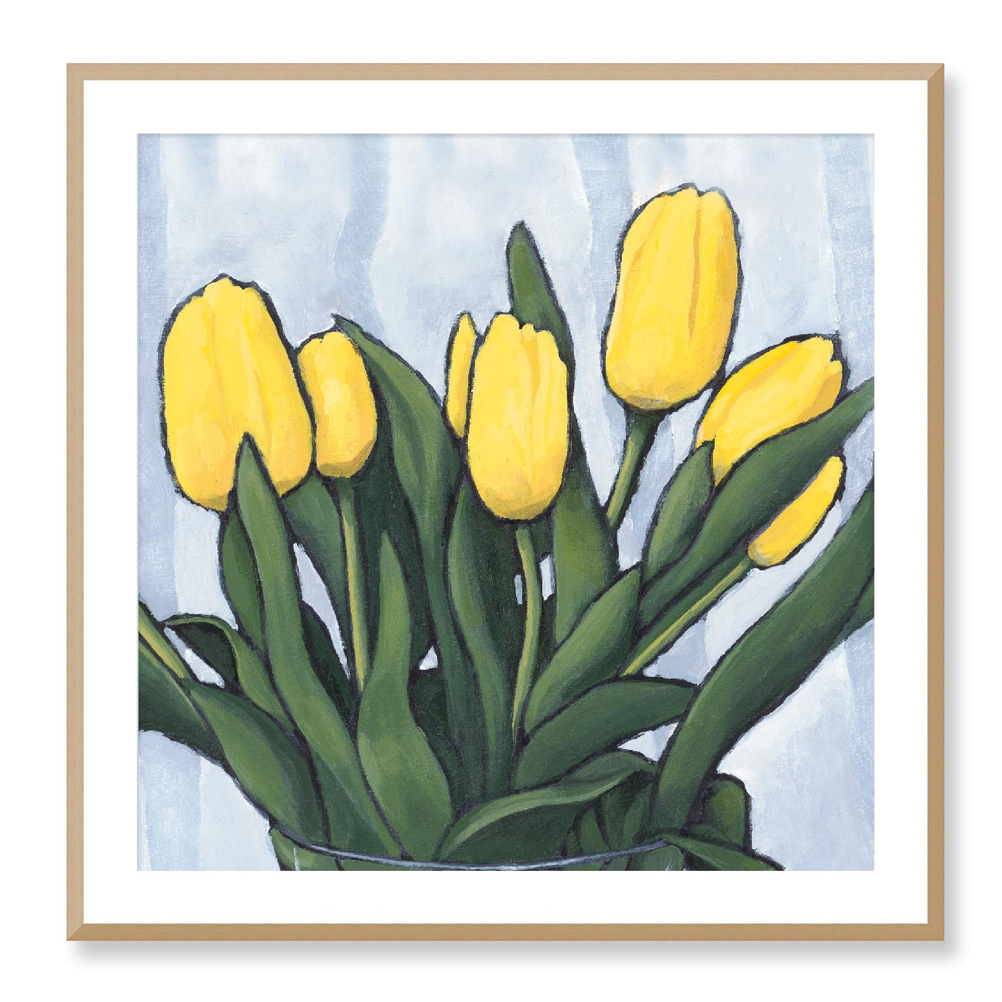 Framed Fine Art Print, White Mat - 12x12 16x16 20x20 24x24 28x28 32x32 inches | Yellow Tulips in Acrylic, FPS-1120, Prints, Fine art, Natural Frame, 81 x 81 cm ,32 x 32 inches