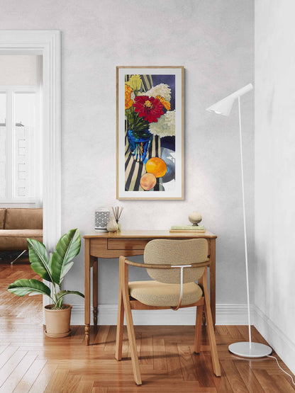 Hydrangeas & Zinnias Fine Art Print | Styled in Bright Scandinavian Home Office with Antique Walnut Writing Desk, Woven Rattan Dining Chair, White Angled Floor Lamp, Stacked Books, Reed Diffuser and Tropical Bird of Paradise Plant