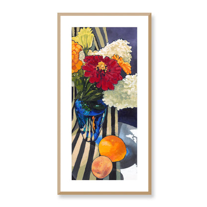 Framed Fine Art Print, White Mat - 16x32 inches | Hydrangeas & Zinnias, FPT-1030-1121-001, Prints, Fine art, Natural Frame, 41 x 81 cm ,16 x 32 inches
