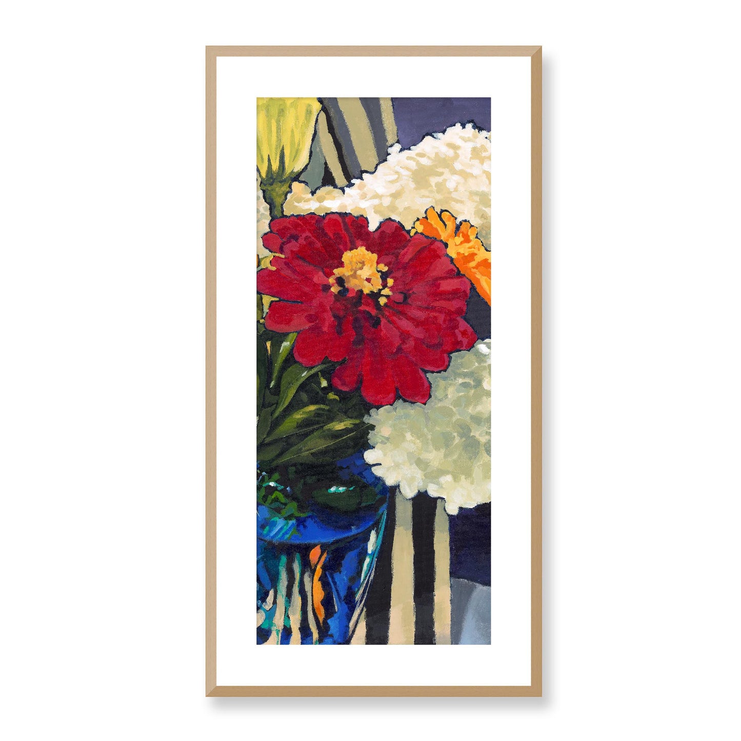Framed Fine Art Print, White Mat - 16x32 inches | Hydrangeas & Zinnias, FPT-1030-1121-002, Prints, Fine art, Natural Frame, 41 x 81 cm ,16 x 32 inches