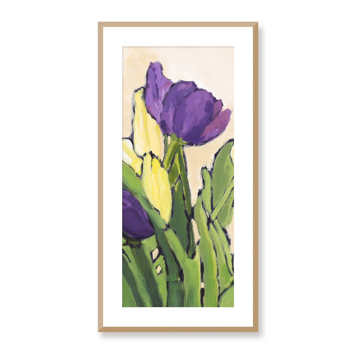 Framed Fine Art Print, White Mat - 16x32 inches | Purple & Yellow Tulips, FPT-1060-1117-002, Prints, Fine art, Natural Frame, 41 x 81 cm ,16 x 32 inches