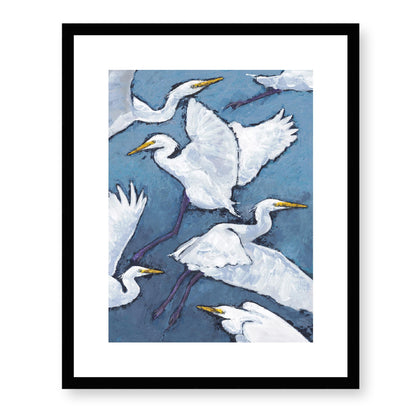 Framed Fine Art Print, White Mat - 13x16 16x20 22x28 28x36 inches | White Herons in Acrylic, FPV-1020, Prints, Fine art, Black Frame, 41 x 51 cm ,16 x 20 inches