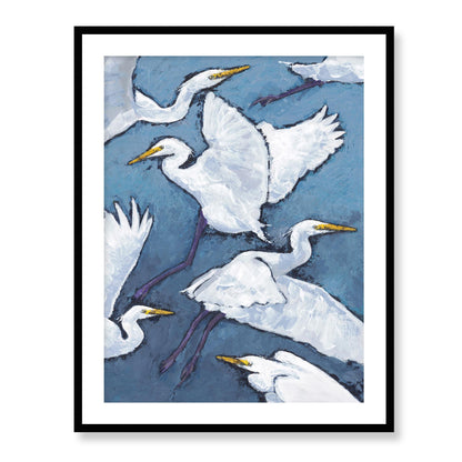 Framed Fine Art Print, White Mat - 13x16 16x20 22x28 28x36 inches | White Herons in Acrylic, FPV-1020, Prints, Fine art, Black Frame, 71 x 91 cm ,28 x 36 inches