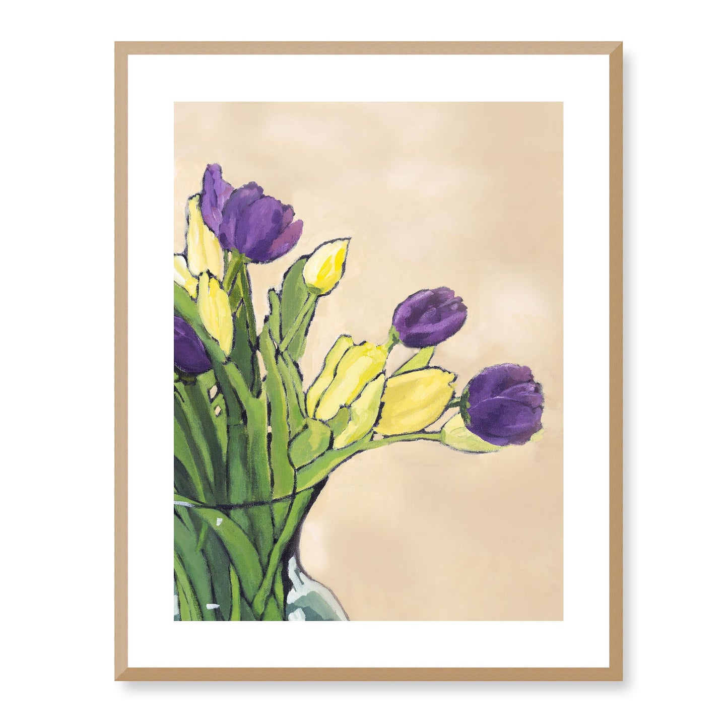 Framed Fine Art Print, White Mat - 13x16 16x20 22x28 28x36 inches | Purple & Yellow Tulips in Acrylic, FPV-1060, Prints, Fine art, Natural Frame, 56 x 71 cm ,22 x 28 inches