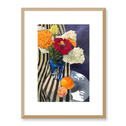 Framed Fine Art Print, White Mat - 12x16 16x22 20x28 24x36 28x40 inches | Hydrangeas & Zinnias in Acrylic, FPV-1030-001, Prints, Fine art, Natural Frame, 30 x 41 cm ,12 x 16 inches