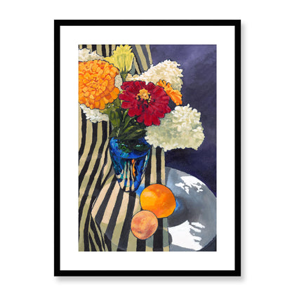 Framed Fine Art Print, White Mat - 12x16 16x22 20x28 24x36 28x40 inches | Hydrangeas & Zinnias in Acrylic, FPV-1030-001, Prints, Fine art, Black Frame, 51 x 71 cm ,20 x 28 inches