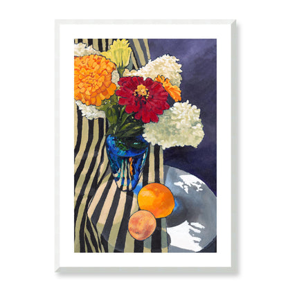 Framed Fine Art Print, White Mat - 12x16 16x22 20x28 24x36 28x40 inches | Hydrangeas & Zinnias in Acrylic, FPV-1030-001, Prints, Fine art, White Frame, 61 x 86 cm ,24 x 34 inches