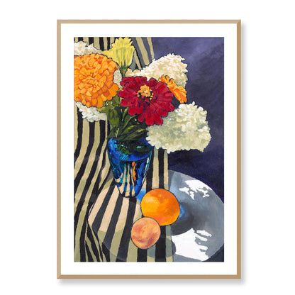 Framed Fine Art Print, White Mat - 12x16 16x22 20x28 24x36 28x40 inches | Hydrangeas & Zinnias in Acrylic, FPV-1030-001, Prints, Fine art, Natural Frame, 71 x 102 cm ,28 x 40 inches