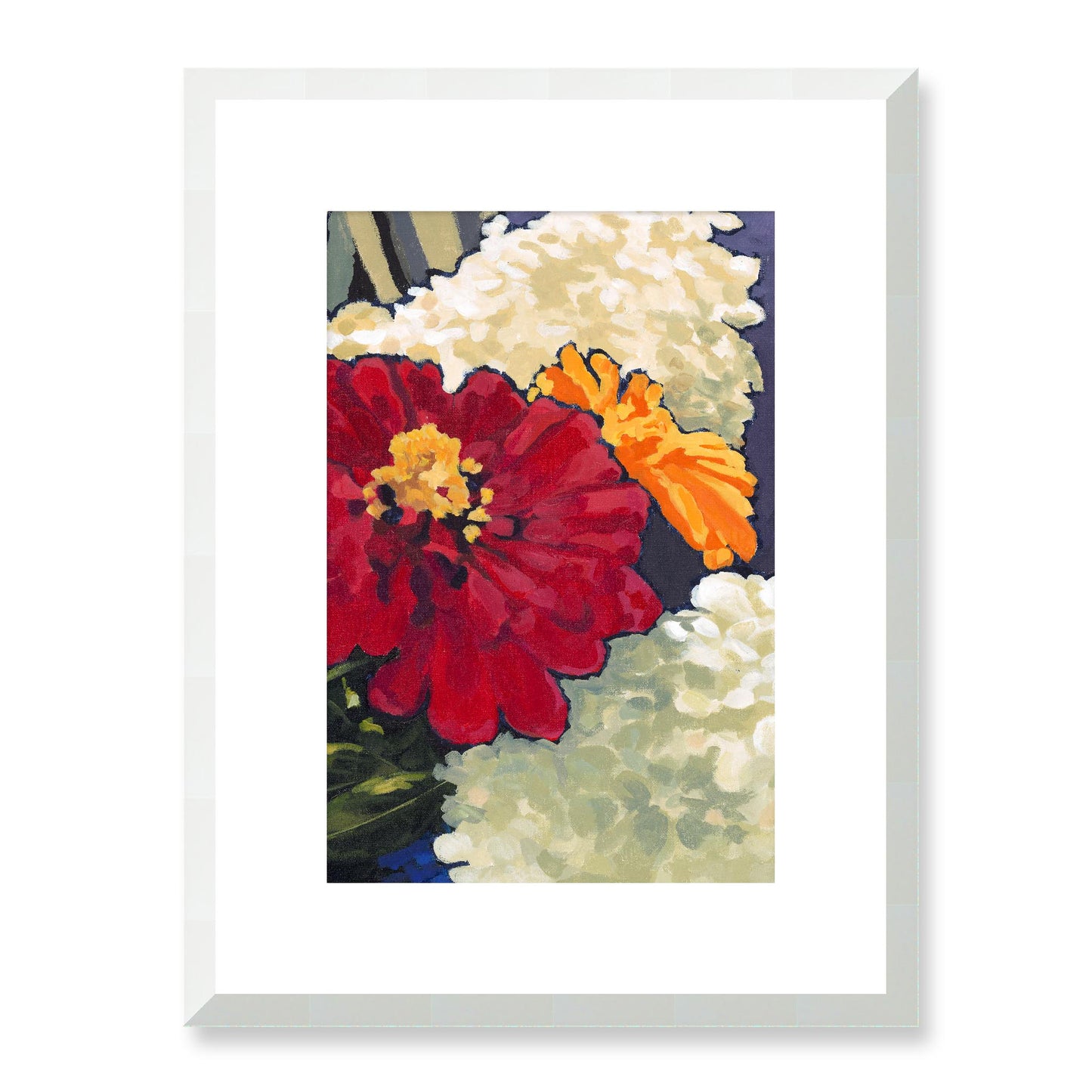 Framed Fine Art Print, White Mat - 12x16 16x22 20x28 24x36 28x40 inches | Hydrangeas & Zinnias in Acrylic, FPV-1030-002, Prints, Fine art, White Frame, 30 x 41 cm ,12 x 16 inches