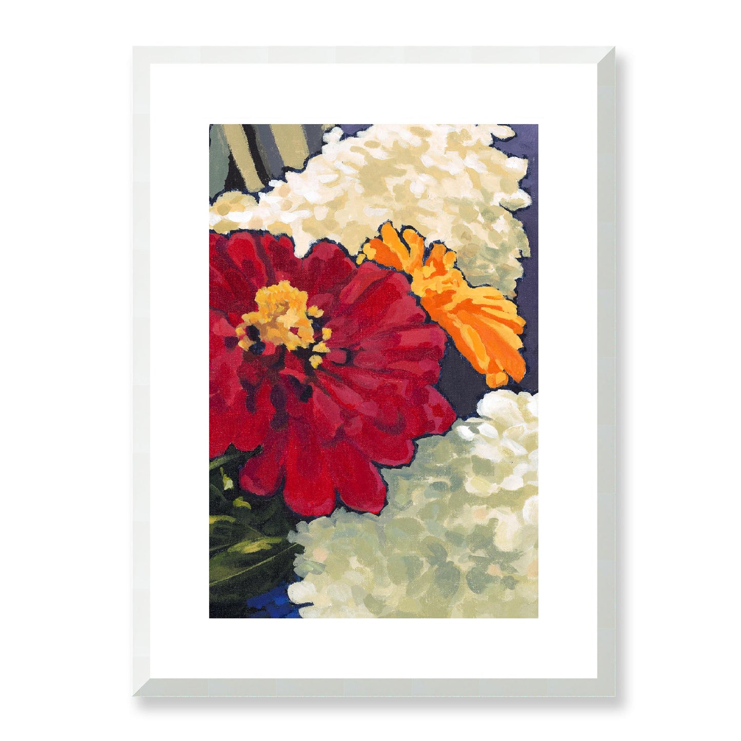 Framed Fine Art Print, White Mat - 12x16 16x22 20x28 24x36 28x40 inches | Hydrangeas & Zinnias in Acrylic, FPV-1030-002, Prints, Fine art, White Frame, 41 x 56 cm ,16 x 22 inches