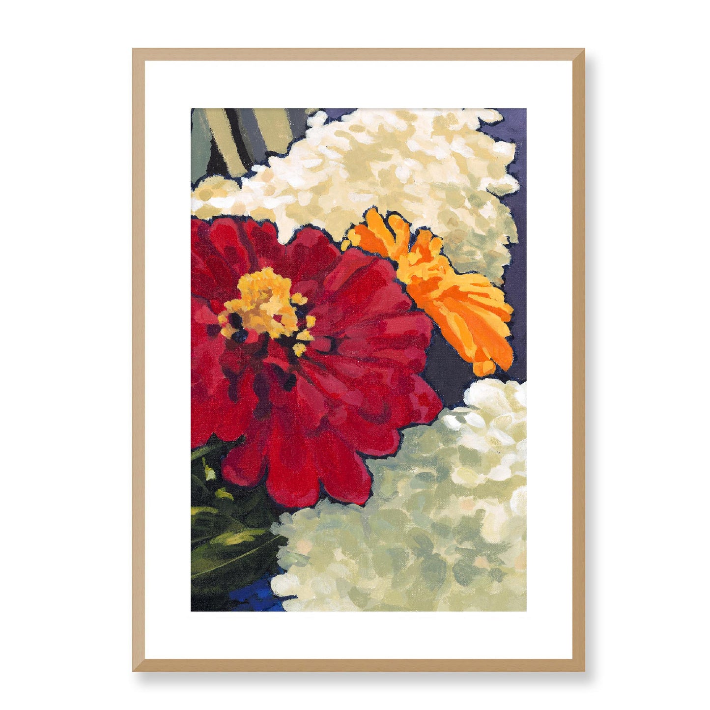 Framed Fine Art Print, White Mat - 12x16 16x22 20x28 24x36 28x40 inches | Hydrangeas & Zinnias in Acrylic, FPV-1030-002, Prints, Fine art, Natural Frame, 51 x 71 cm ,20 x 28 inches