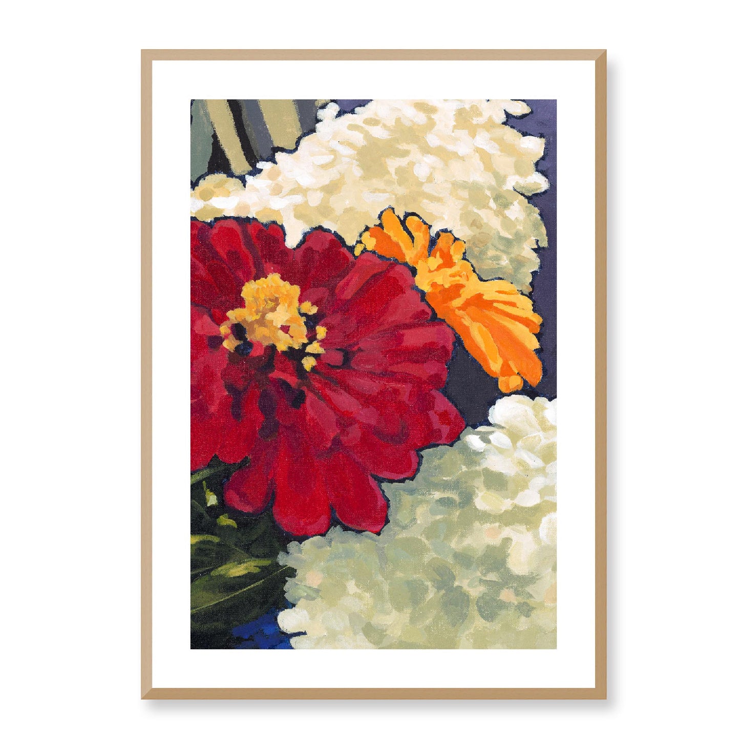 Framed Fine Art Print, White Mat - 12x16 16x22 20x28 24x36 28x40 inches | Hydrangeas & Zinnias in Acrylic, FPV-1030-002, Prints, Fine art, Natural Frame, 61 x 86 cm ,24 x 34 inches