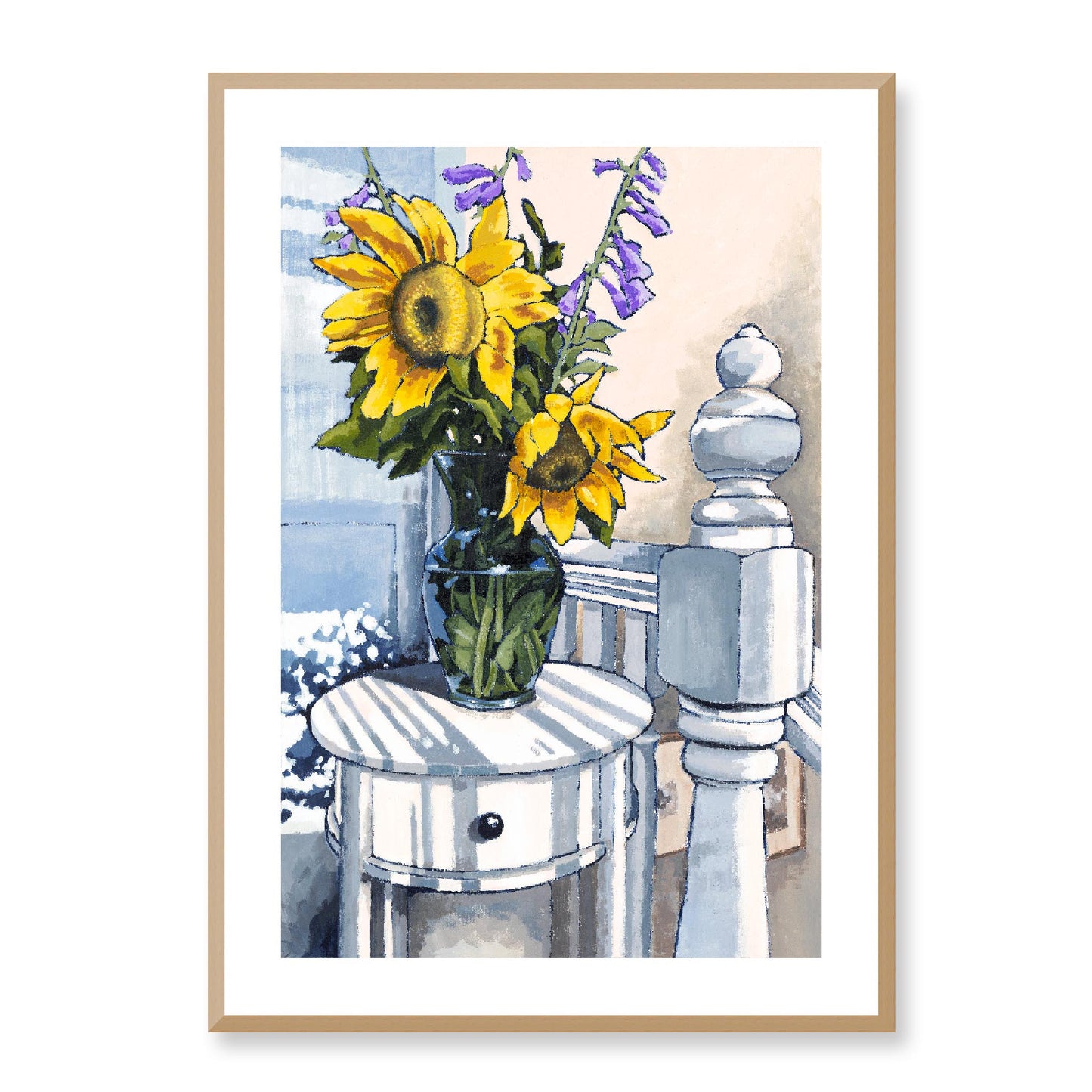 Framed Fine Art Print, White Mat - 12x16 16x22 20x28 24x36 28x40 inches | Sunflowers in Acrylic, FPV-1040-001, Prints, Fine art, Natural Frame, 61 x 86 cm ,24 x 34 inches
