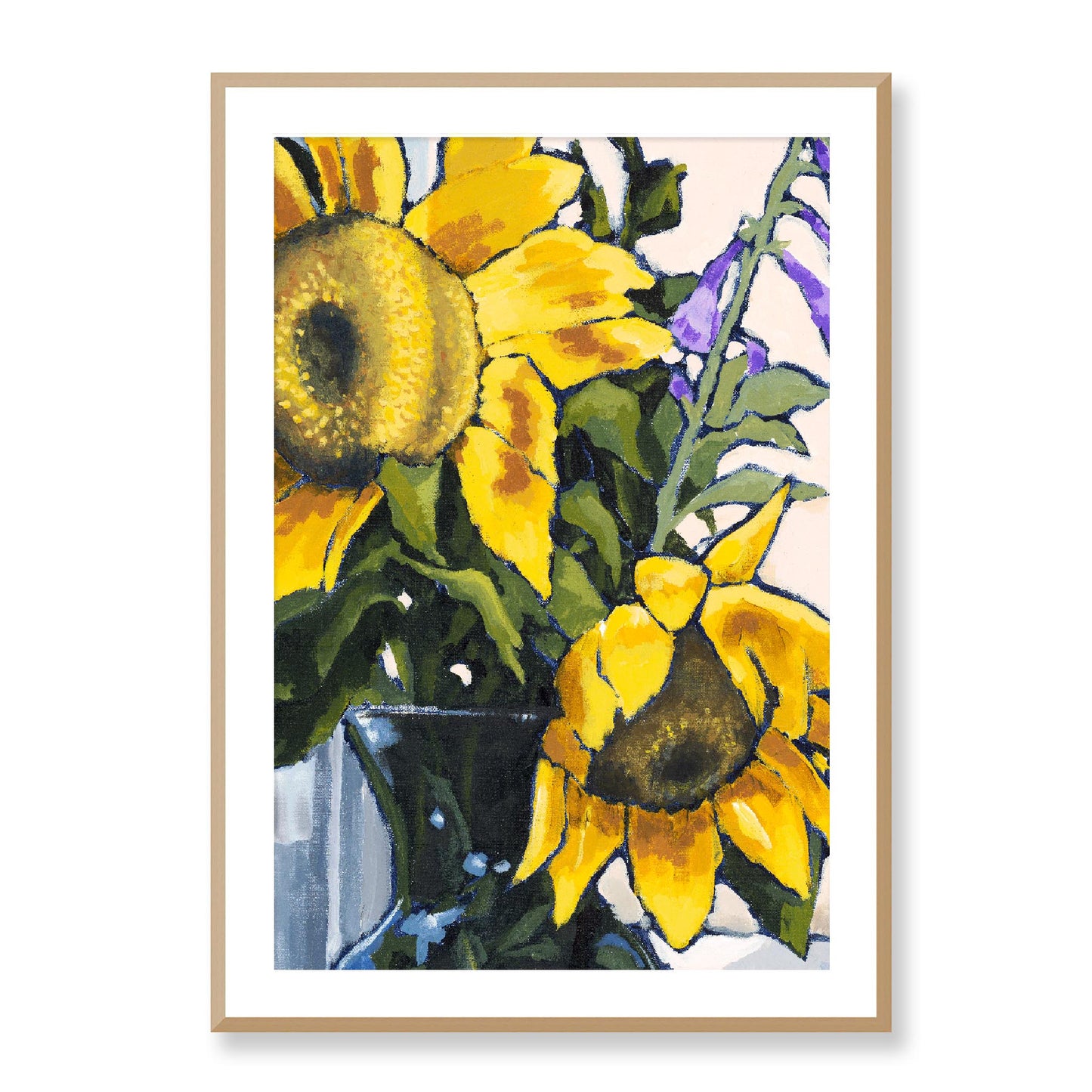Framed Fine Art Print, White Mat - 12x16 16x22 20x28 24x36 28x40 inches | Sunflowers in Acrylic, FPV-1040-002, Prints, Fine art, Natural Frame, 71 x 102 cm ,28 x 40 inches
