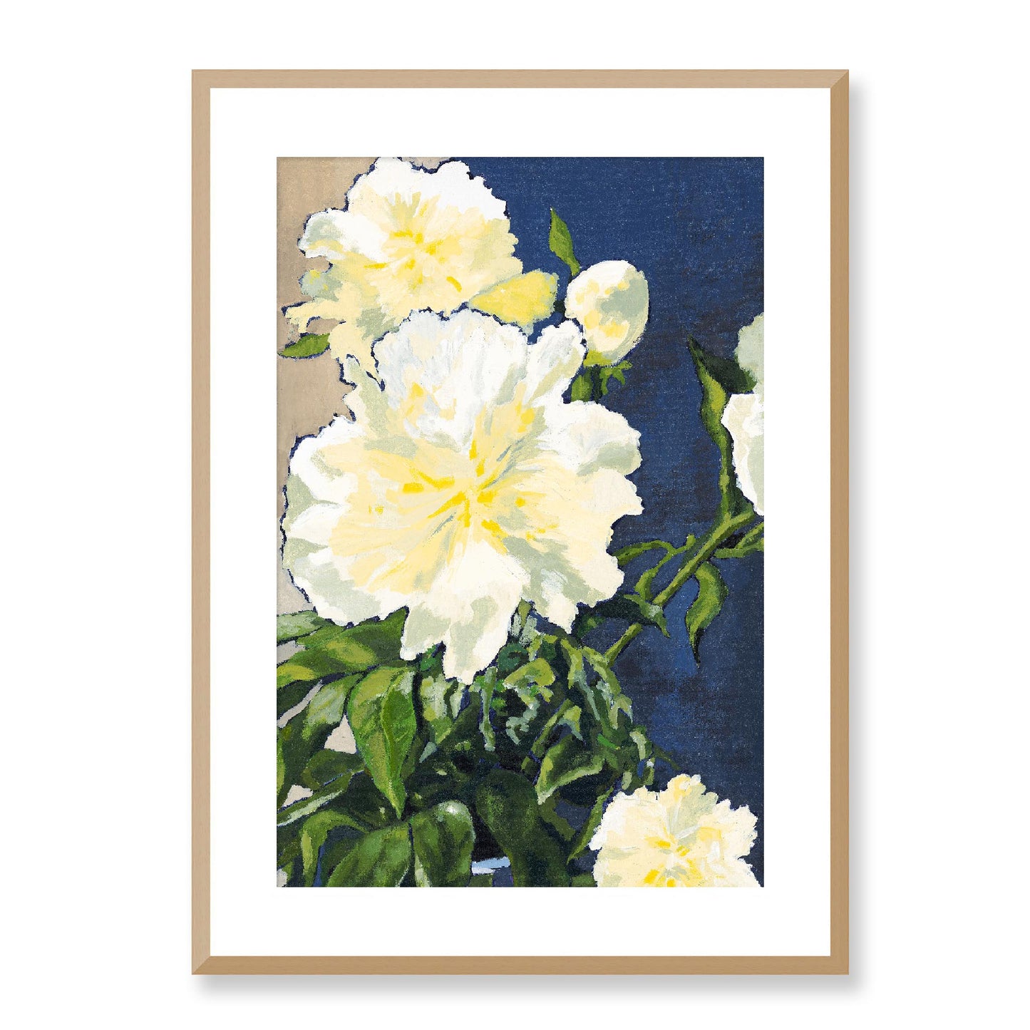 Framed Fine Art Print, White Mat - 12x16 16x22 20x28 24x36 28x40 inches | White Peonies in Acrylic, FPV-1050-002, , Fine art, Natural Frame, 51 x 71 cm ,20 x 28 inches