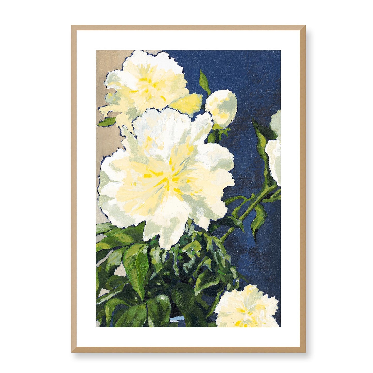 Framed Fine Art Print, White Mat - 12x16 16x22 20x28 24x36 28x40 inches | White Peonies in Acrylic, FPV-1050-002, , Fine art, Natural Frame, 61 x 86 cm ,24 x 34 inches