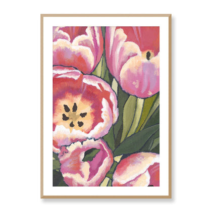 Framed Fine Art Print, White Mat - 12x16 16x22 20x28 24x36 28x40 inches | Pink Tulips in Acrylic, FPV-1080, Prints, Fine art, Natural Frame, 71 x 102 cm ,28 x 40 inches