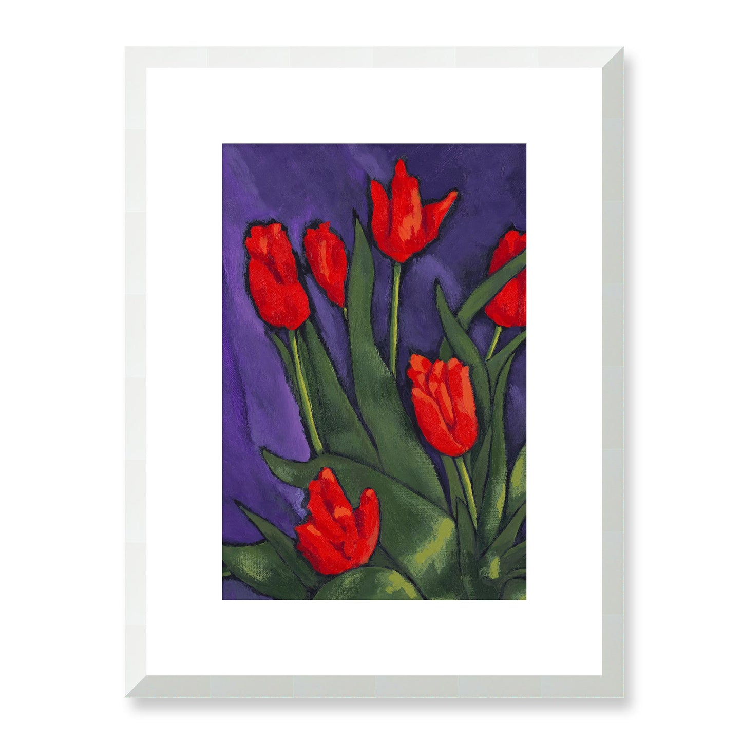 Framed Fine Art Print, White Mat - 12x16 16x22 20x28 24x36 28x40 inches | Red Tulips in Acrylic, FPV-1111-002, Prints, Fine art, White Frame, 30 x 41 cm ,12 x 16 inches