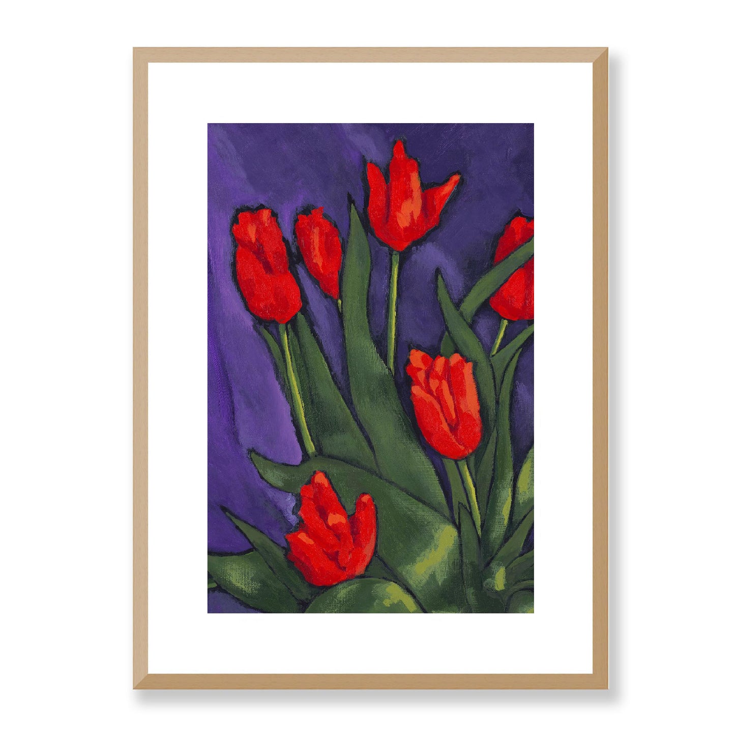 Framed Fine Art Print, White Mat - 12x16 16x22 20x28 24x36 28x40 inches | Red Tulips in Acrylic, FPV-1111-002, Prints, Fine art, Natural Frame, 41 x 56 cm ,16 x 22 inches