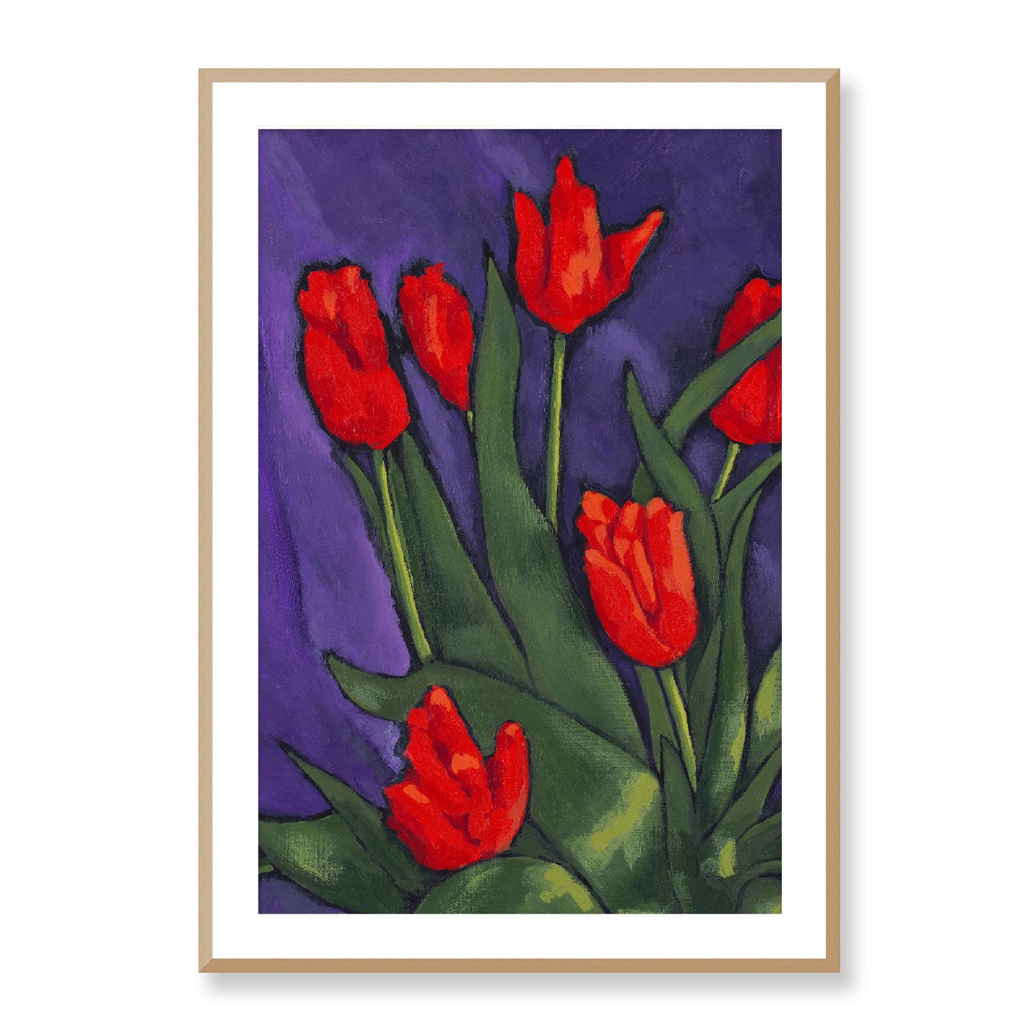 Framed Fine Art Print, White Mat - 12x16 16x22 20x28 24x36 28x40 inches | Red Tulips in Acrylic, FPV-1111-002, Prints, Fine art, Natural Frame, 71 x 102 cm ,28 x 40 inches
