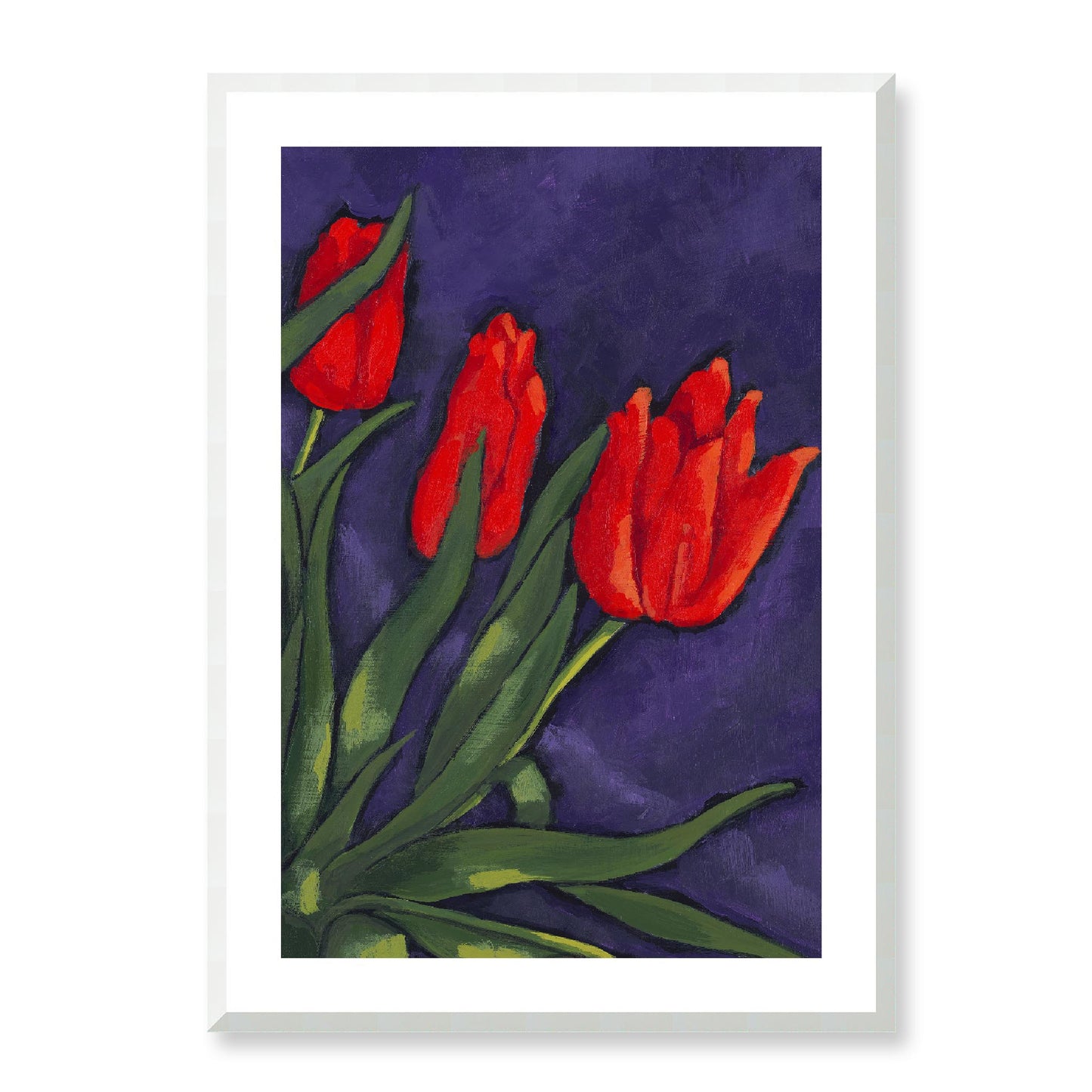 Framed Fine Art Print, White Mat - 12x16 16x22 20x28 24x36 28x40 inches | Red Tulips in Acrylic, FPV-1111-003, Prints, Fine art, White Frame, 61 x 86 cm ,24 x 34 inches