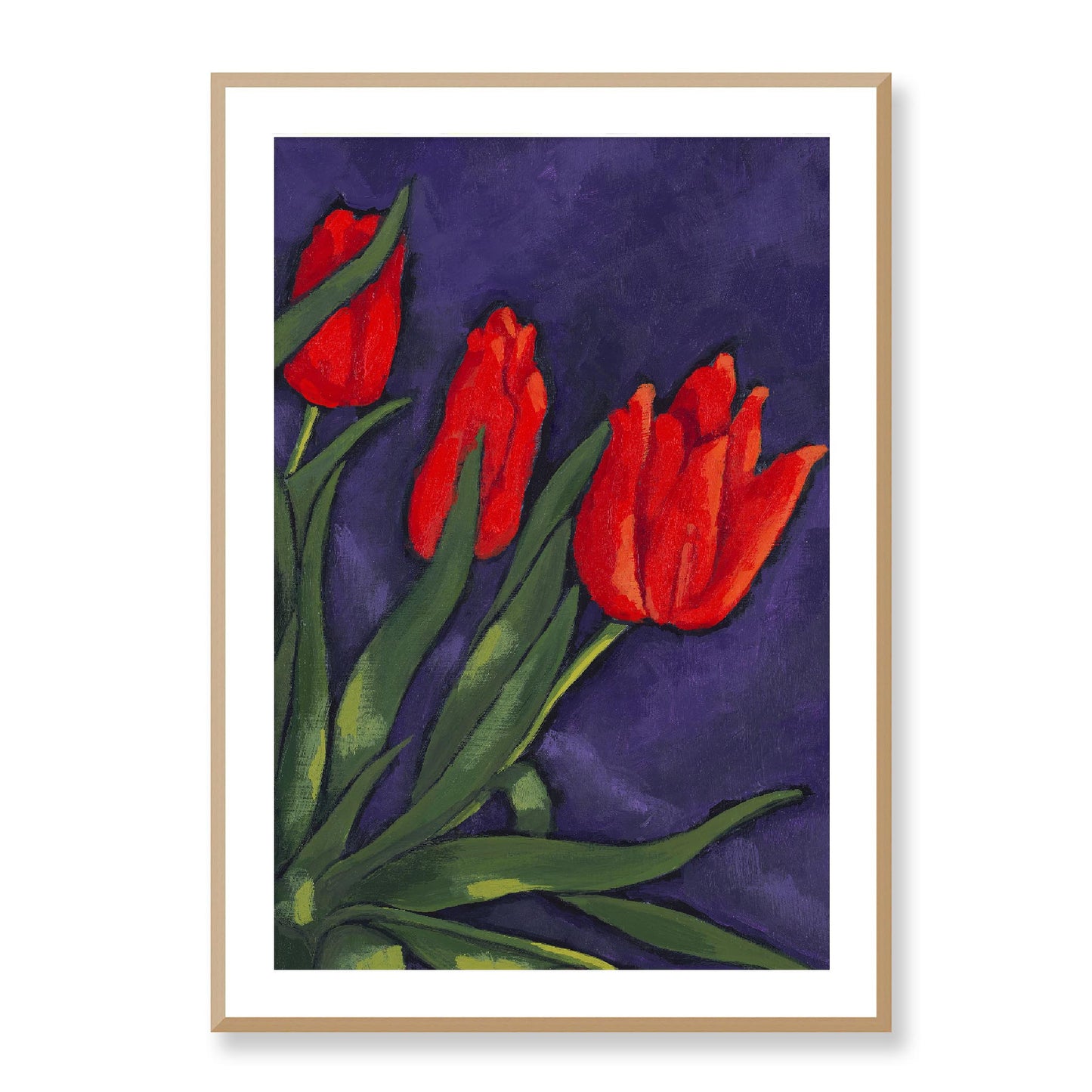 Framed Fine Art Print, White Mat - 12x16 16x22 20x28 24x36 28x40 inches | Red Tulips in Acrylic, FPV-1111-003, Prints, Fine art, Natural Frame, 71 x 102 cm ,28 x 40 inches