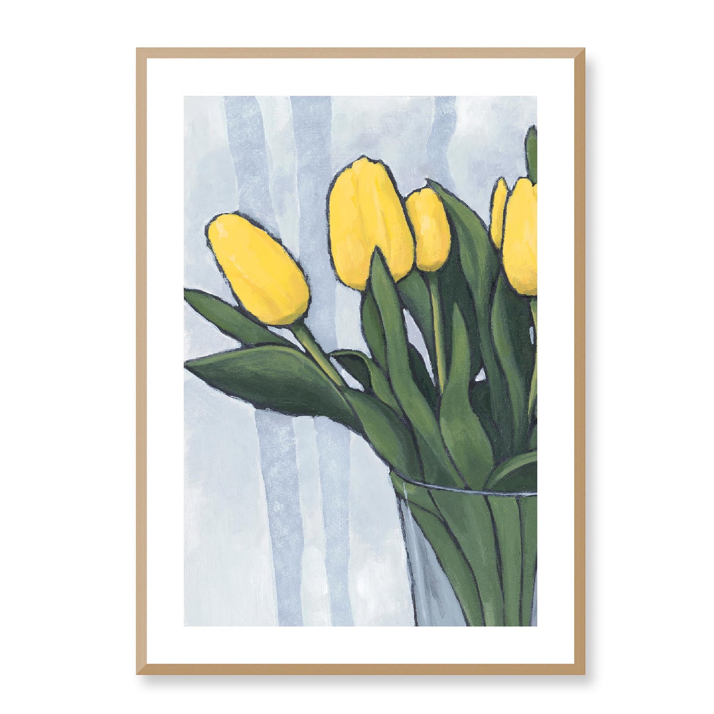 Framed Fine Art Print, White Mat - 12x16 16x22 20x28 24x36 28x40 inches | Yellow Tulips in Acrylic, FPV-1120-002, Prints, Fine art, Natural Frame, 61 x 86 cm ,24 x 34 inches