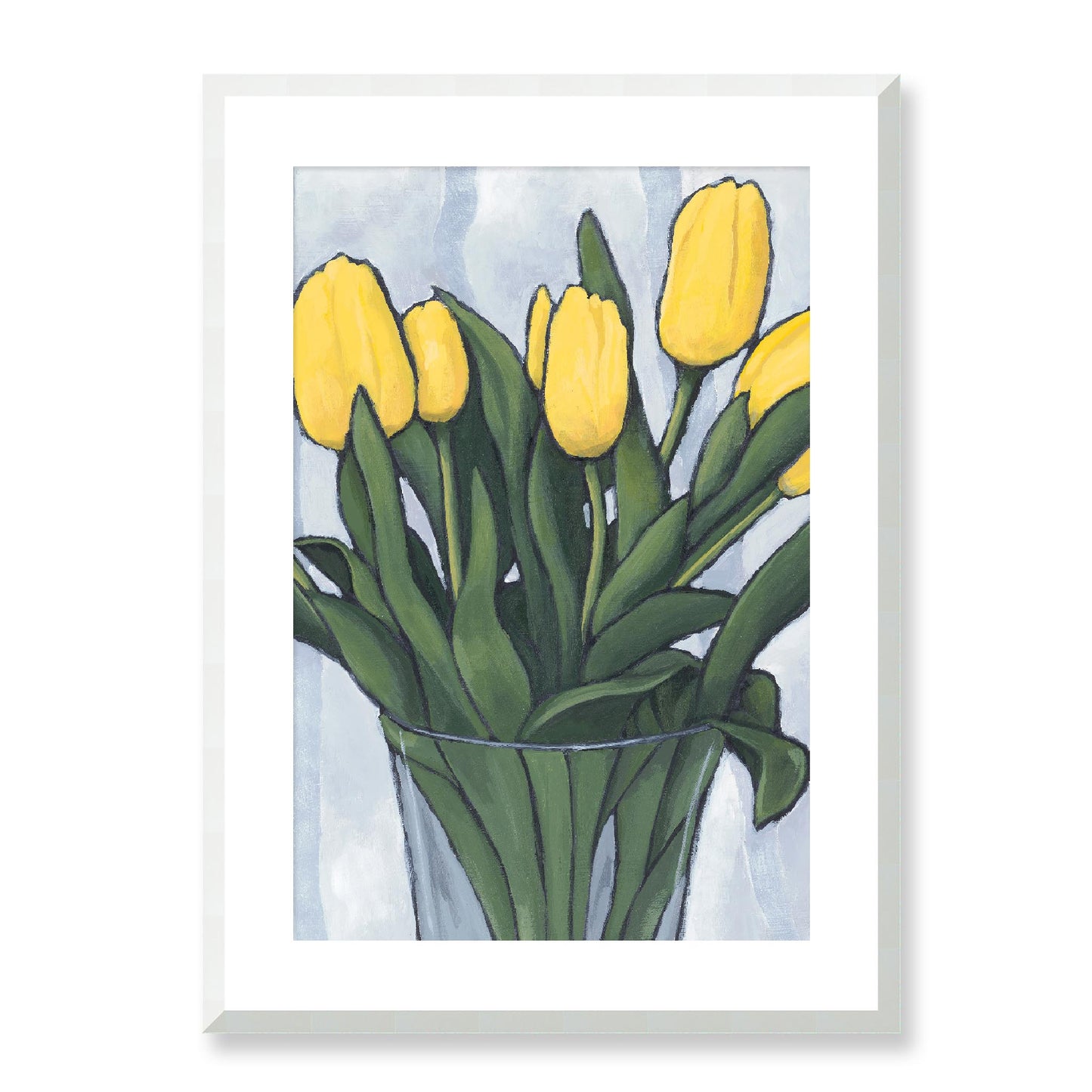 Framed Fine Art Print, White Mat - 12x16 16x22 20x28 24x36 28x40 inches | Yellow Tulips in Acrylic, FPV-1120-003, Prints, Fine art, White Frame, 51 x 71 cm ,20 x 28 inches