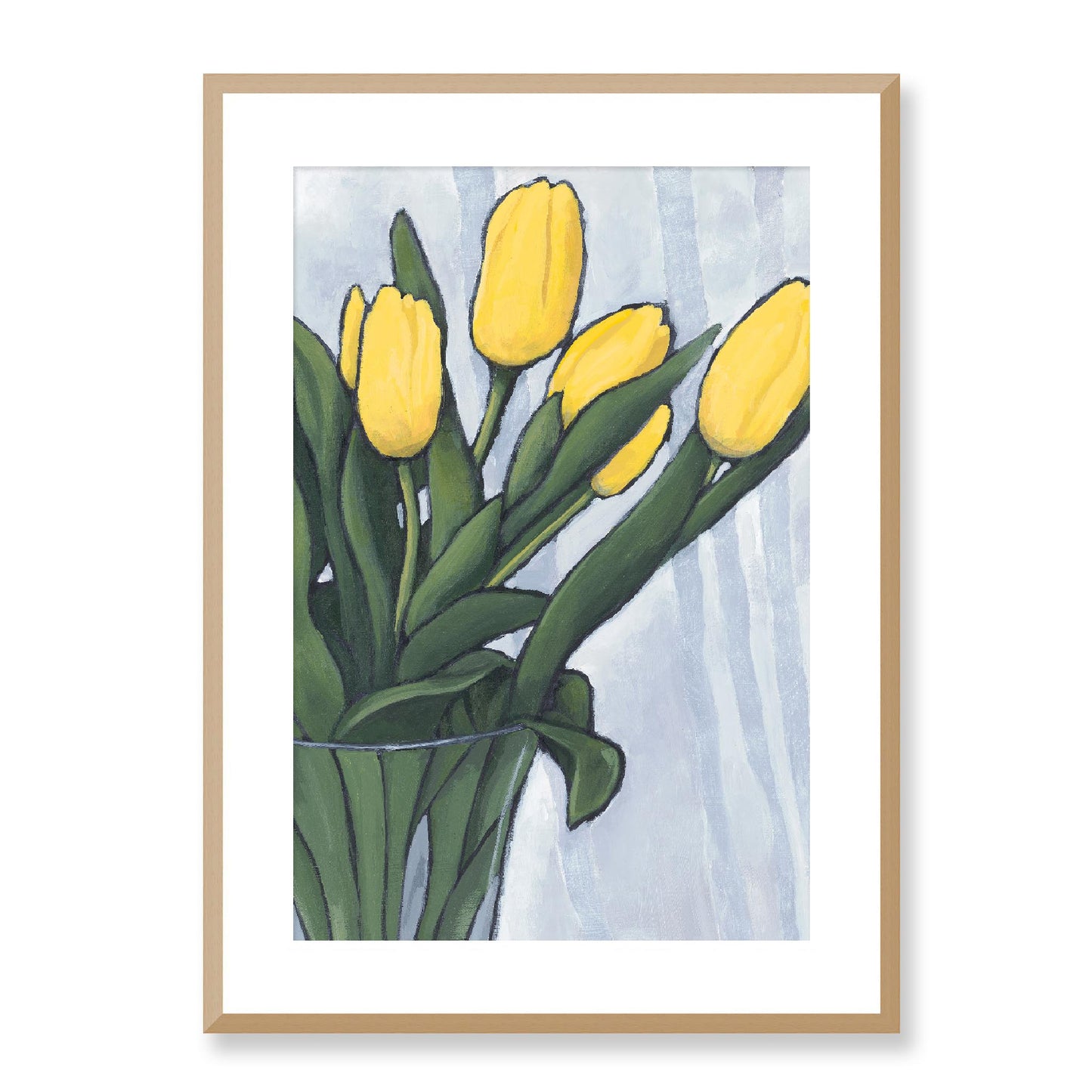 Framed Fine Art Print, White Mat - 12x16 16x22 20x28 24x36 28x40 inches | Yellow Tulips in Acrylic, FPV-1120-004, Prints, Fine art, Natural Frame, 51 x 71 cm ,20 x 28 inches